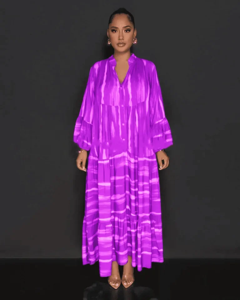 

Robe Femme Striped Printed V-neck Maxi Dress Spring Casual Long Sleeve Long Dress Daily Walking Streetwear Women Loose Vestidos