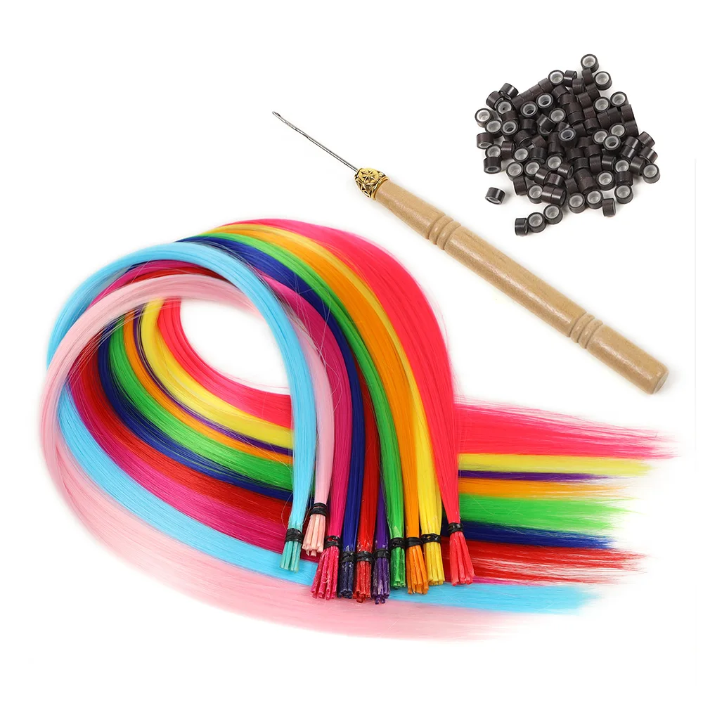 Synthetic 20 Inch I-Tip Fusion Hair Extensions Party Colors Kit Straight 100 Strands Heat Resistant Highlight Feather Hairpieces