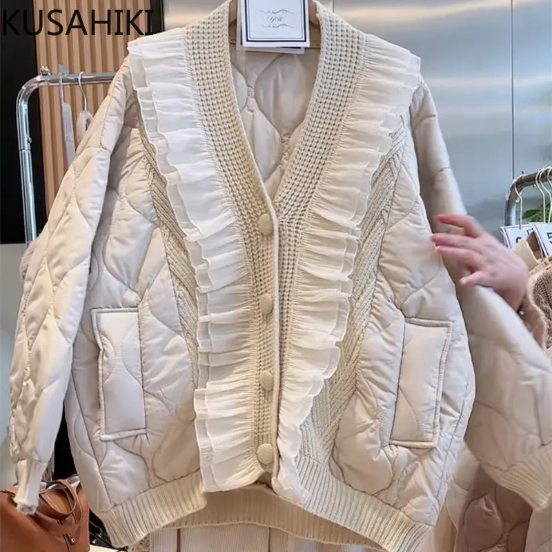 KUSAHIKI Chic Ruffle Knitted Patchwork Women Parkas Autumn Winter Causal Long Sleeve V-neck Jacket 2023 Sweet Korean Parka Coat