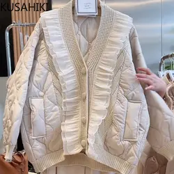 KUSAHIKI Chic Ruffle Knitted Patchwork Women Parkas Autumn Winter Causal Long Sleeve V-neck Jacket 2023 Sweet Korean Parka Coat