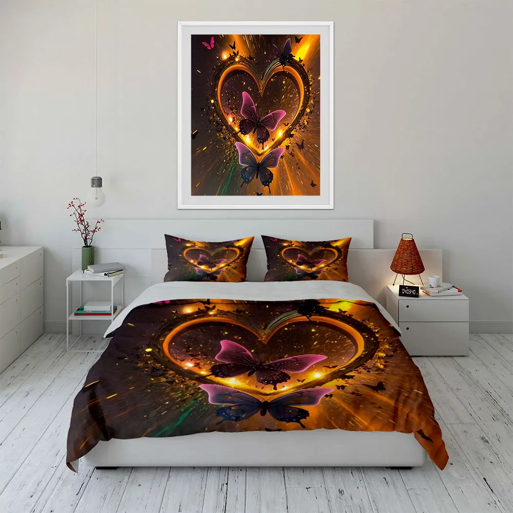

Heart Butterfly Art Decoration Set Bedding Set with 1 Duvet Cover 2 Pillowcases Single Double King Queen, Gift