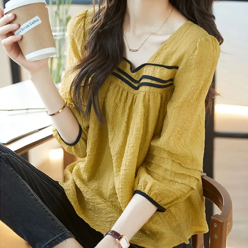 Vintage Striped Contrasting Colors Blouse Elegant Square Collar Spring Summer 3/4 Sleeve Female Clothing Stylish All-match Shirt