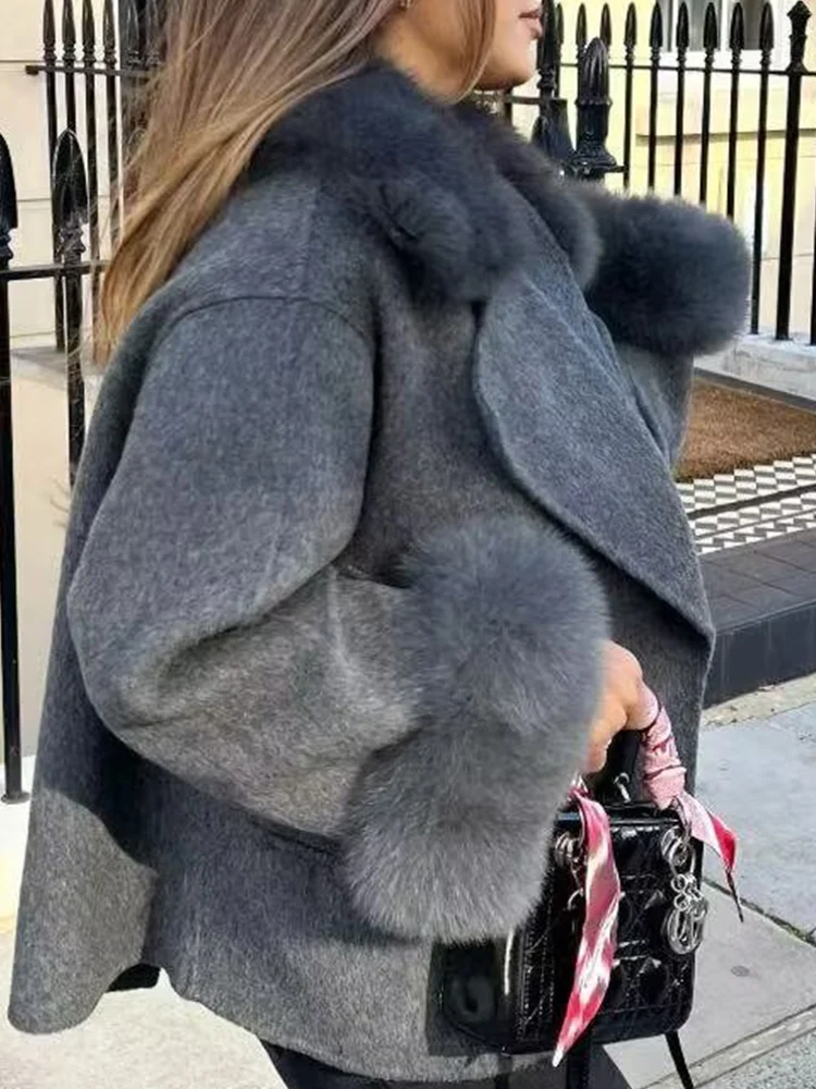 TFMLN 여성용 울 코트 우아한 퍼 칼라 루즈핏 패셔너블한 가을 겨울 신상 여성 캐주얼 솔리드 아우터웨어