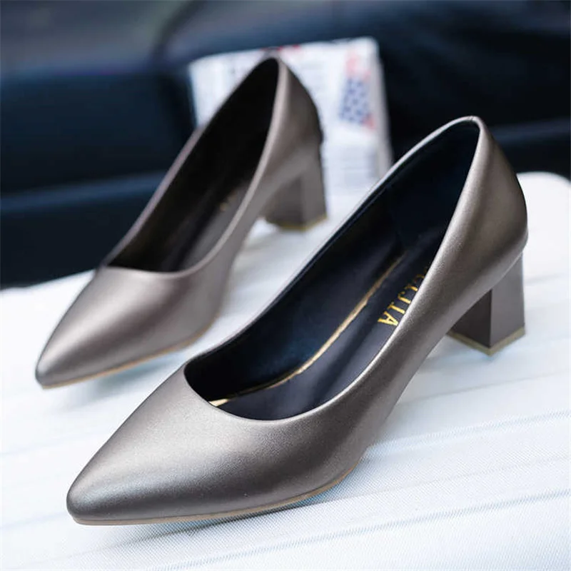 Soft Leather Pumps Women Shoes Comfortable Office Shoes Square Heel Shallow Pointed High Heels Slip-On Ladies Wedding Shoes