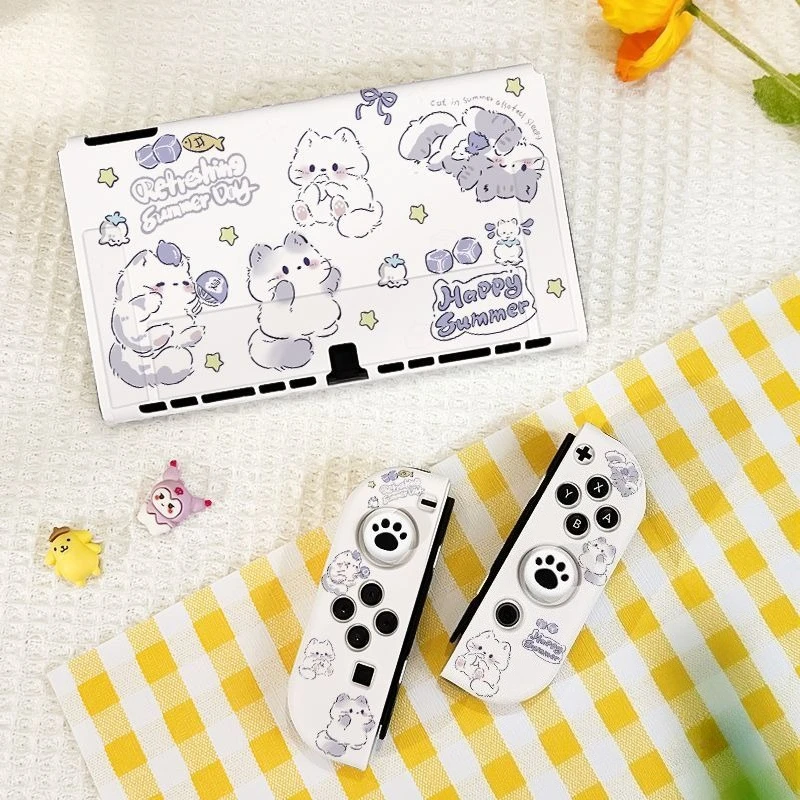 かわいい猫のデザインのoled-switch-2用保護ケース、指紋防止スプリットシェル、ケースを外さずにドックに接続可能、コンソールとジョイコン用