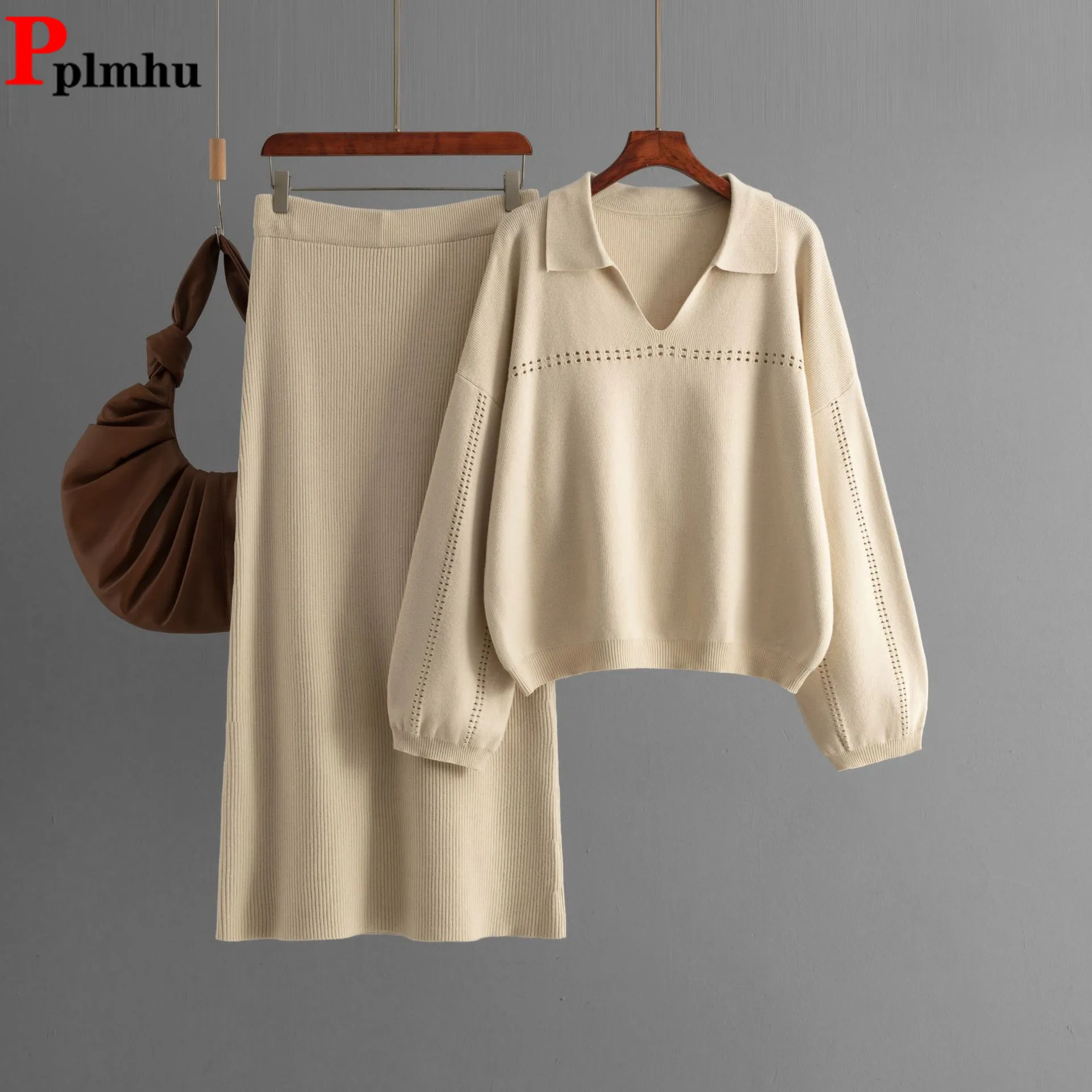 Elegant Knitted 2 Piece Sets Women O-neck Long Sleeve Knitwears Pullover Tops Suits Korean Solid Casual High Waist Skirts Outfit