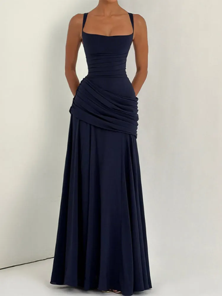 Rückenfreies Taillenschnürendes Slip-Kleid für Damen Sexy Tief Ausgeschnittenes Ärmelloses Plissiertes Schlankes Party-Abendkleid Schickes Damenkleid Neu – Detail 25
