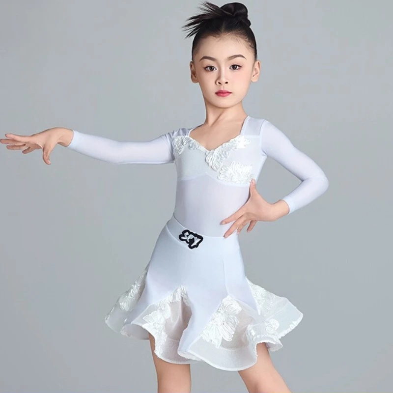 

Children's Latin dance costume for girls New Autumn and winter fishbone dress White Professional performance practice outfit set