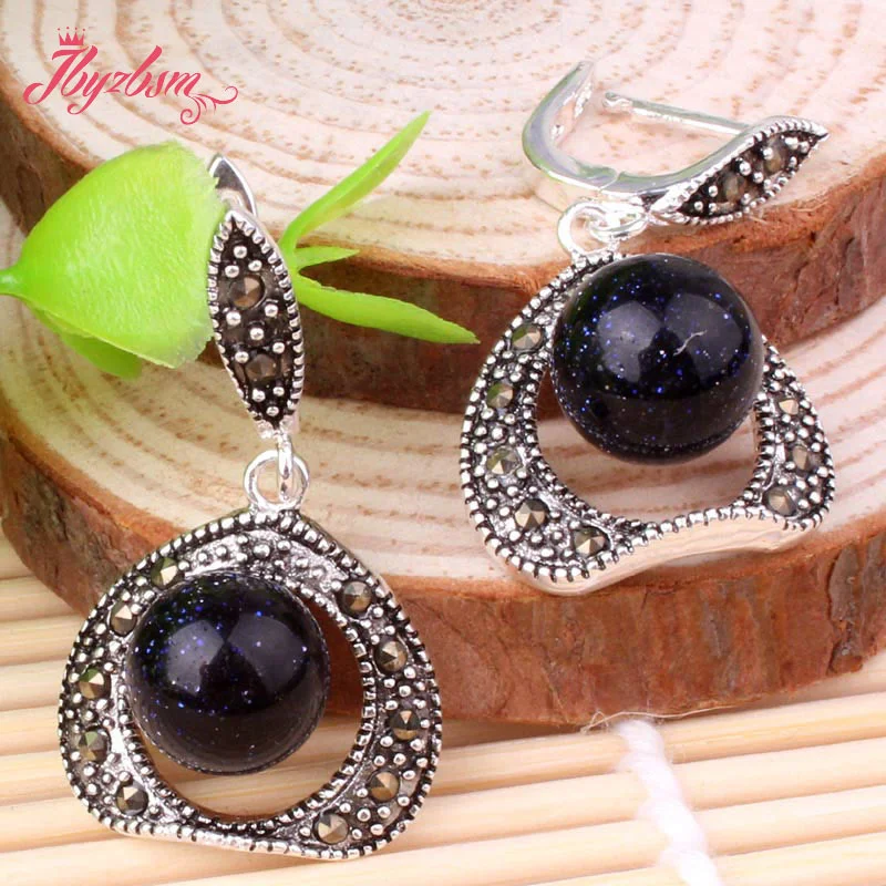 8.10mm Round Exquisite Blue Sandstone Marcasite Tibetan Silver Classical Necklace Pendant 35x45mm Earring 19x25mm Jewelry 1 Set