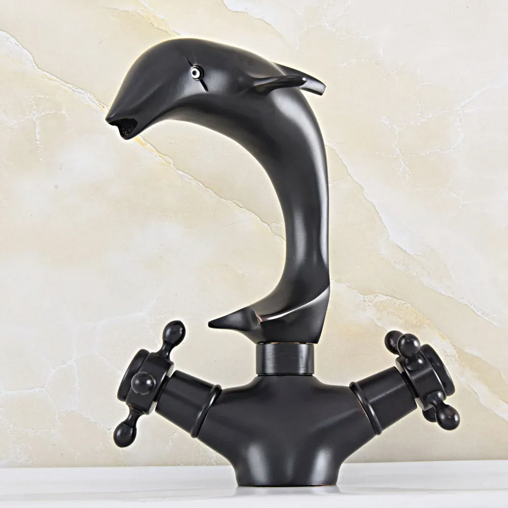 

Black Oil Rubbed Bronze Dolphin Style Swivel Spout Dual Cross Handle Single Hole Bathroom Kitchen Sink Faucet Mixer Tap tsf846