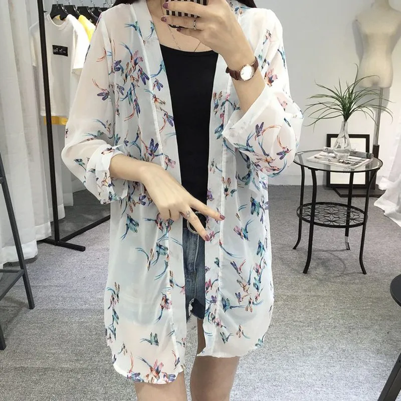 Summer Beach Cover Up Long Tops Women Chiffon Kimono Cardigan Floral Printed Long Sleeve Blouse Boho Loose Ladies Shirts