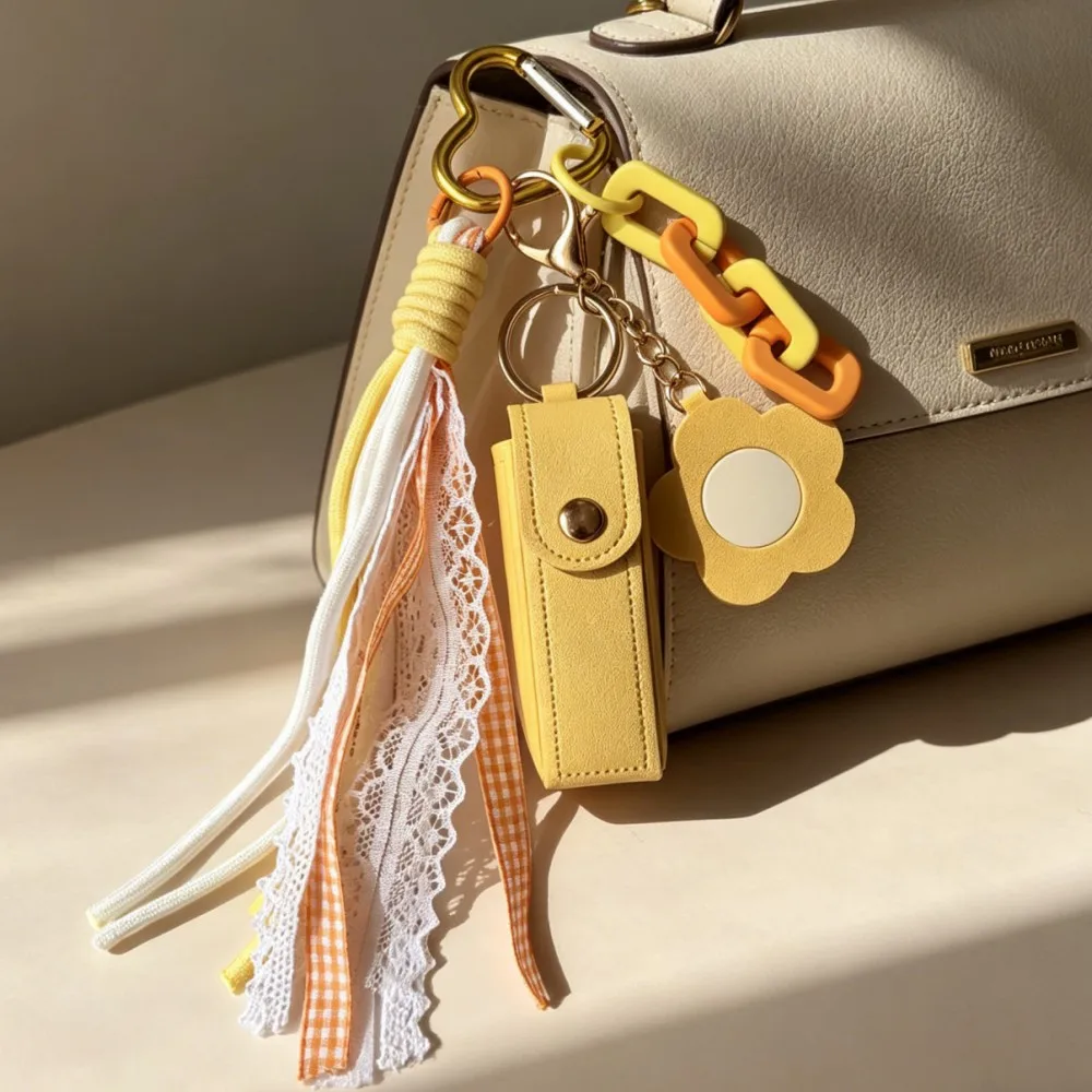 Sweet Lace Tassel Lipstick Case Keychain, Yellow PU Bag Charm with Flower Mirror, Aesthetic Women's Backpack Accessory