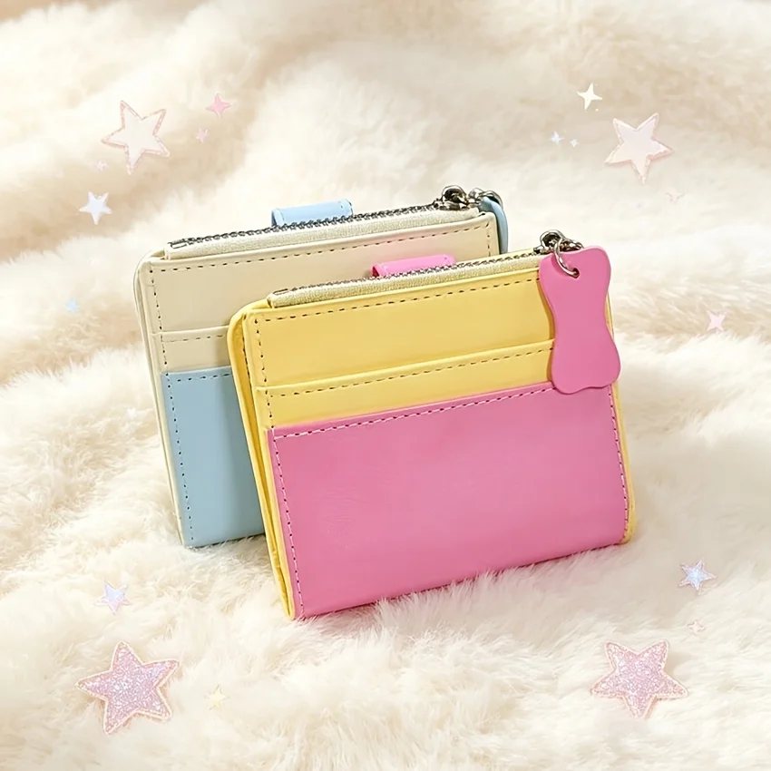 Portable Kawaii Dachshund Embroidery Short Wallet Dopamine Color Cartoon Dog Card Bag PU Zipper Coin Purse Women Girl