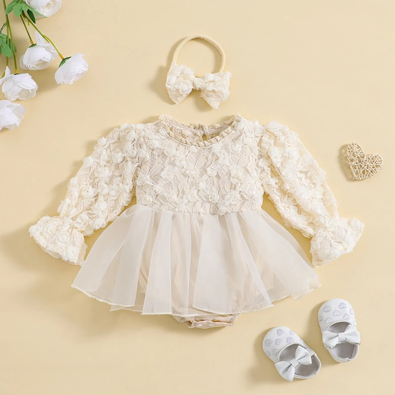 

Baby Girls Spring Fall Bodysuits Dress Long Sleeve Lace Floral Tulle Patchwork Mesh Romper with Headband Playsuits Clothing