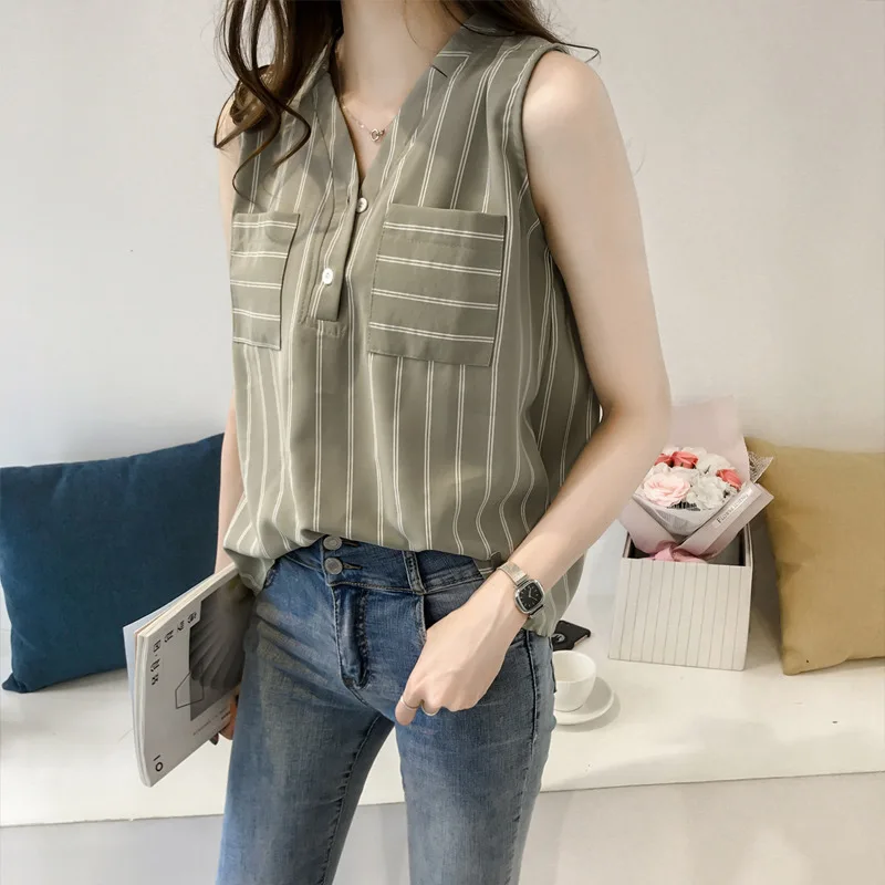 Women Summer Tops Tees Sexy Vintage Blouse Chiffon Vest Tank Sleevless Pocket Strip Shirt Ruffles T Shirts Loose Casual Tees