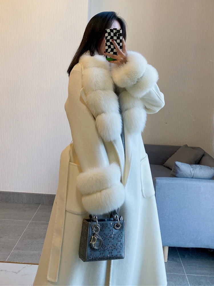 Hot Sale Women Fashion Winter Handmade Double Side Woolen White Real Fox Fur Collar Autumn Female Wool Long Coat