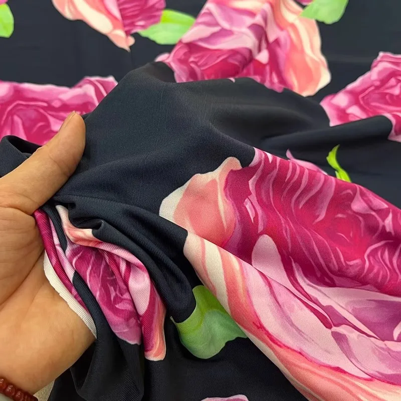 Europe And America Fashion Pink Rose Flower Printed Milkfiber Fabric For Women Dress Blouse Handmade DIY Cloth Sewing