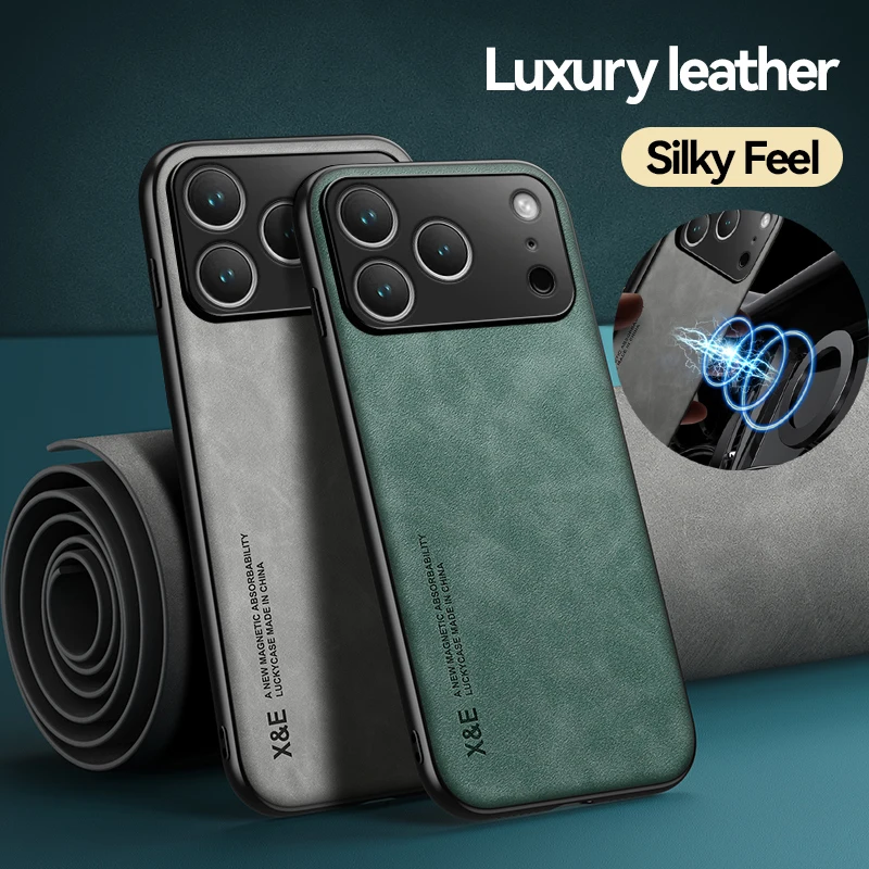 Leather Magnetic Car Holder Silicone Soft Phone Case for IPhone Air 17 Pro Max Full Lens Protection Back Cover Phone Cases