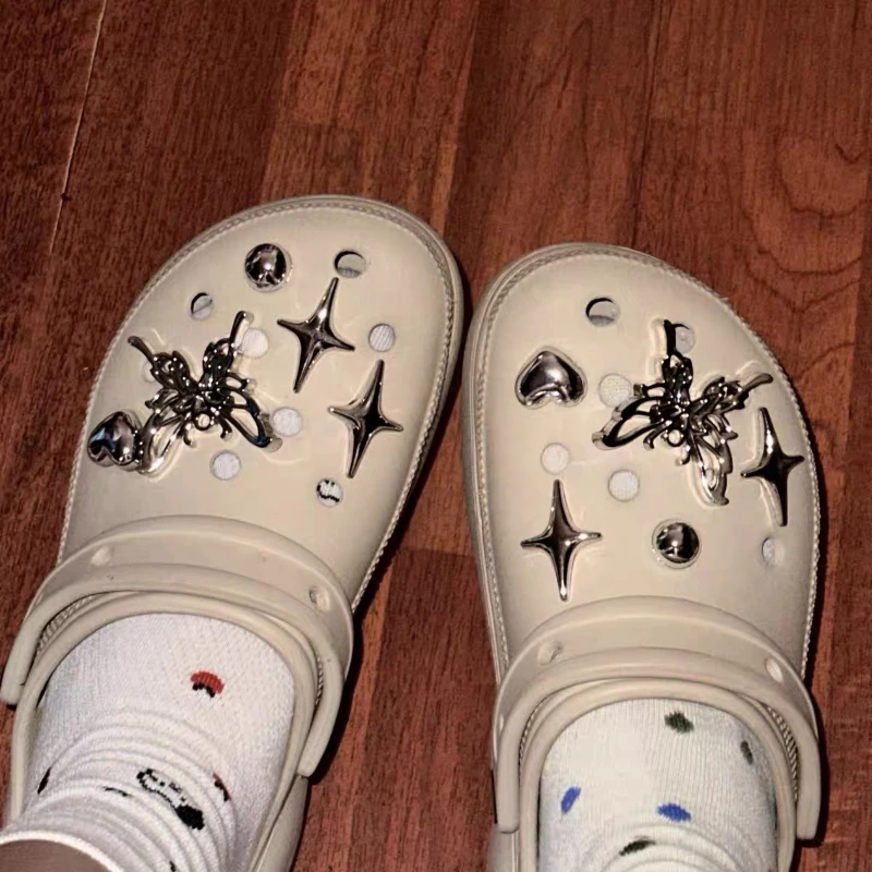 Новые туфли в форме пещеры, милые и крутые звезды, отверстие в виде бабочки, сделай сам, пряжка для обуви, обувь с цветком, серебряные аксессуары, съемное украшение