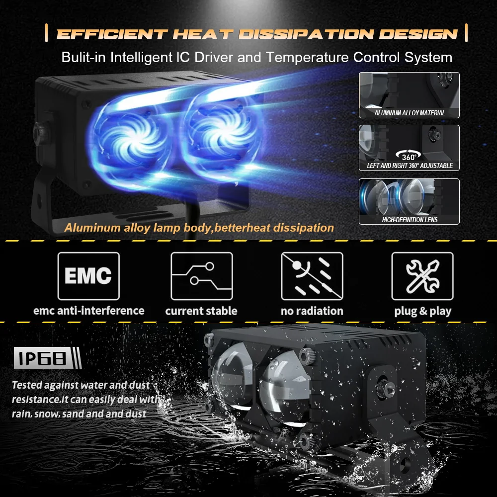 Senlo X2 Plus 2PCS Yellow White Light Auxiliary Auto Headlights 12V-24V Waterproof IP68 LED Spotlight Led Lights for Motorcycle