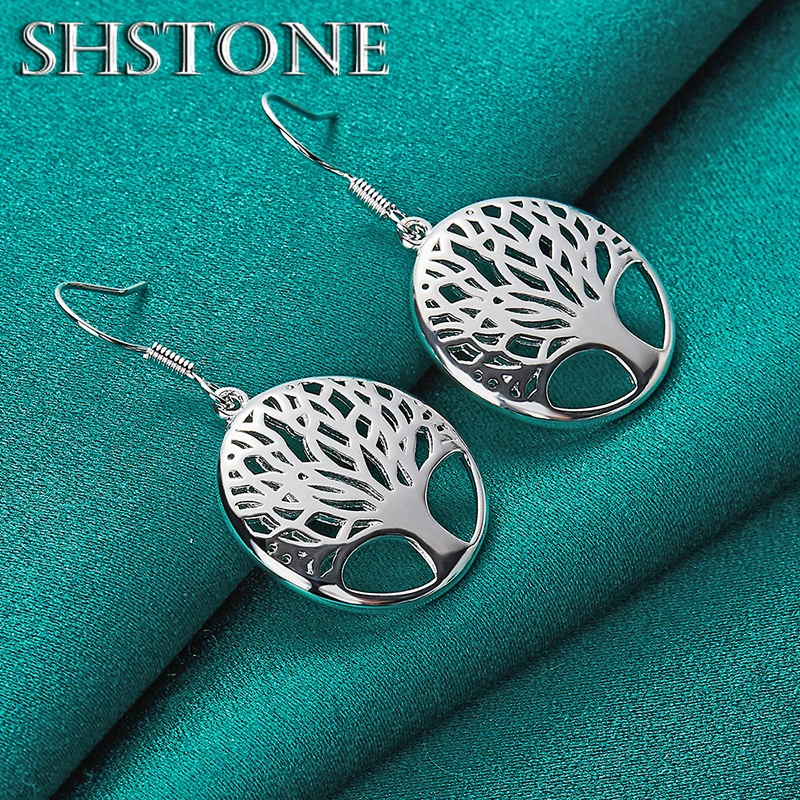 Retro 925 Sterling Silver Tree Shape Circular Drop Earrings Fashion Women Engagement Wedding Party Gift Exquisite Design Jewelry