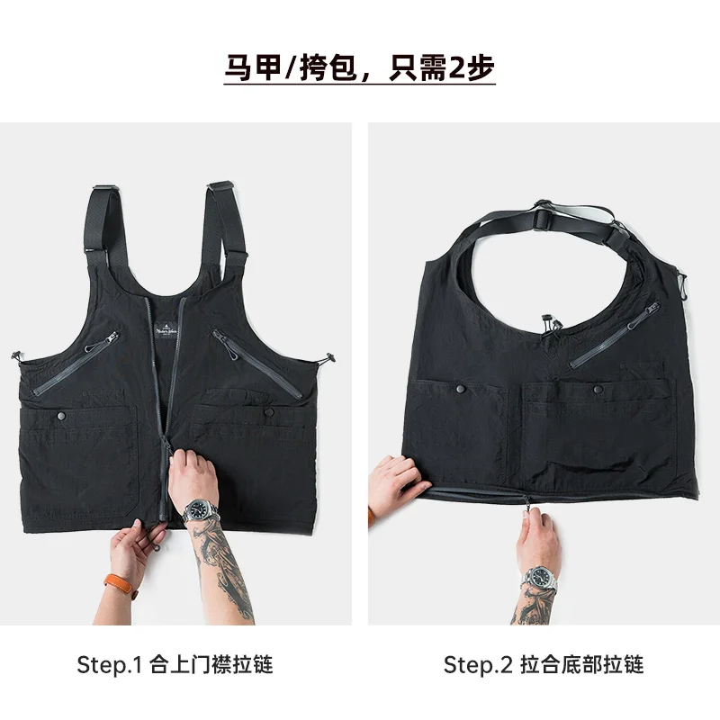 Maden Vintage Multi-Pocket Sleeveless Nylon Vest Amekaji Outdoor Deformable Tactical Vest Functional Dual Purpose Satchel Bag