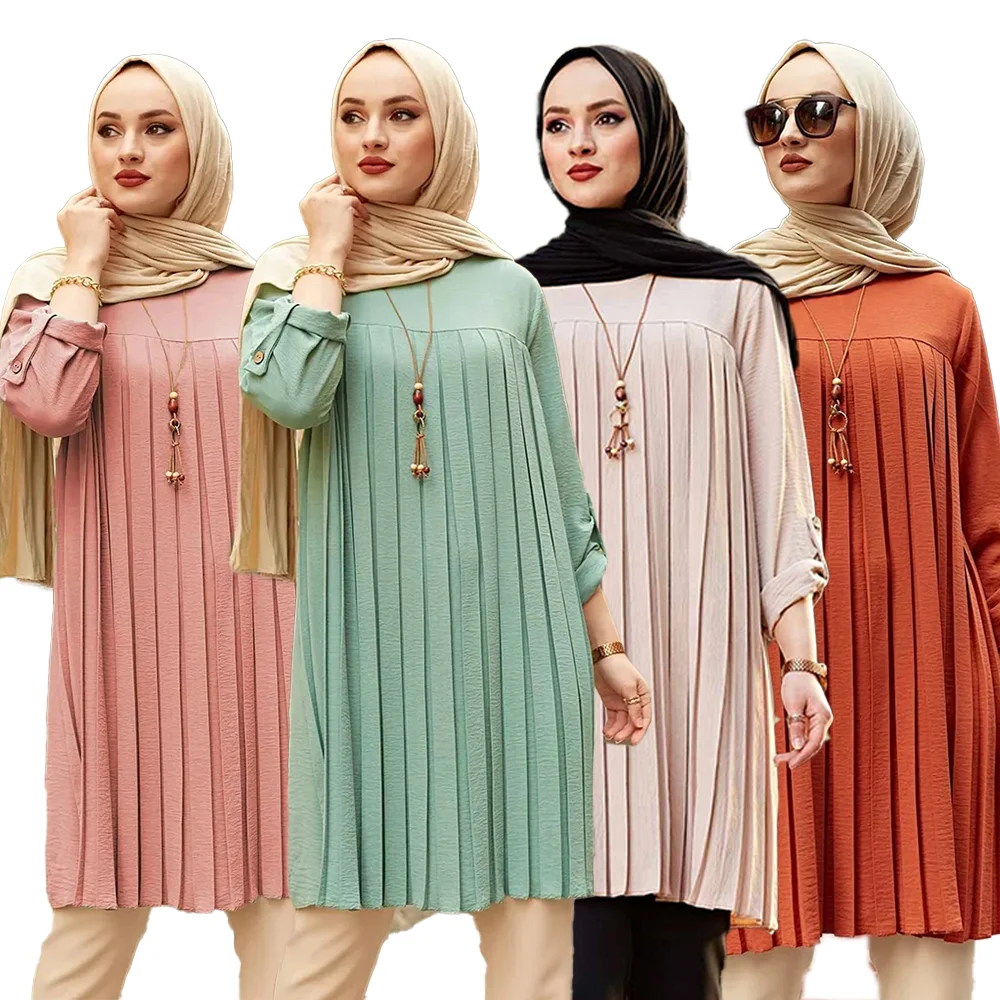 

Wholesale Oem 5XL Plus Size Dubai Abaya Muslim Women Dress Tops Long Sleeve Casual Pleated Modest Muslim Blouses Shirts