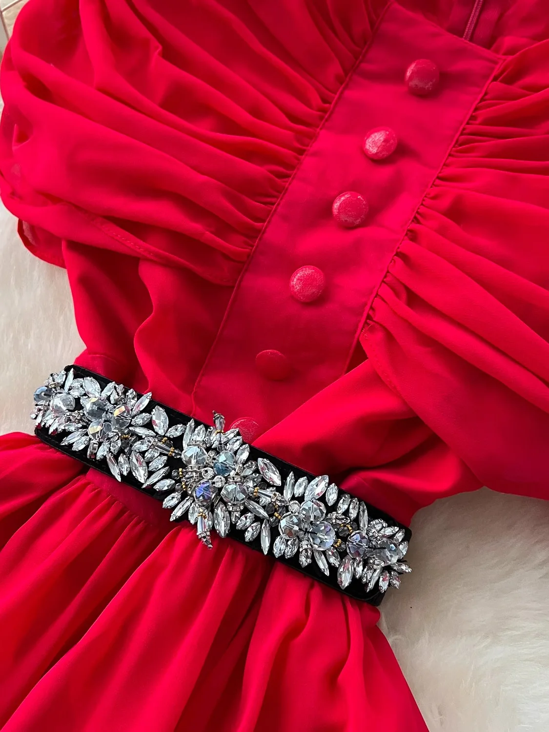 ฤดูใบไม้ผลิฤดูร้อนผู้หญิงสีแดง/สีม่วง/สีเขียว Draped ชุดชีฟองยาววินเทจรอบคอเอวสูง A-Line Maxi Vestido หญิง Robe ใหม่