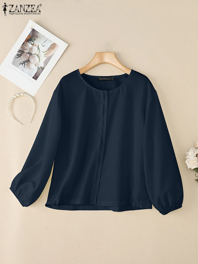 2025 ZANZEA Damskie codzienne bluzki z długim rękawem i dekoltem w serek Jesienne koszule Zapinane na guziki Eleganckie bluzki do pracy OL Damskie koszule