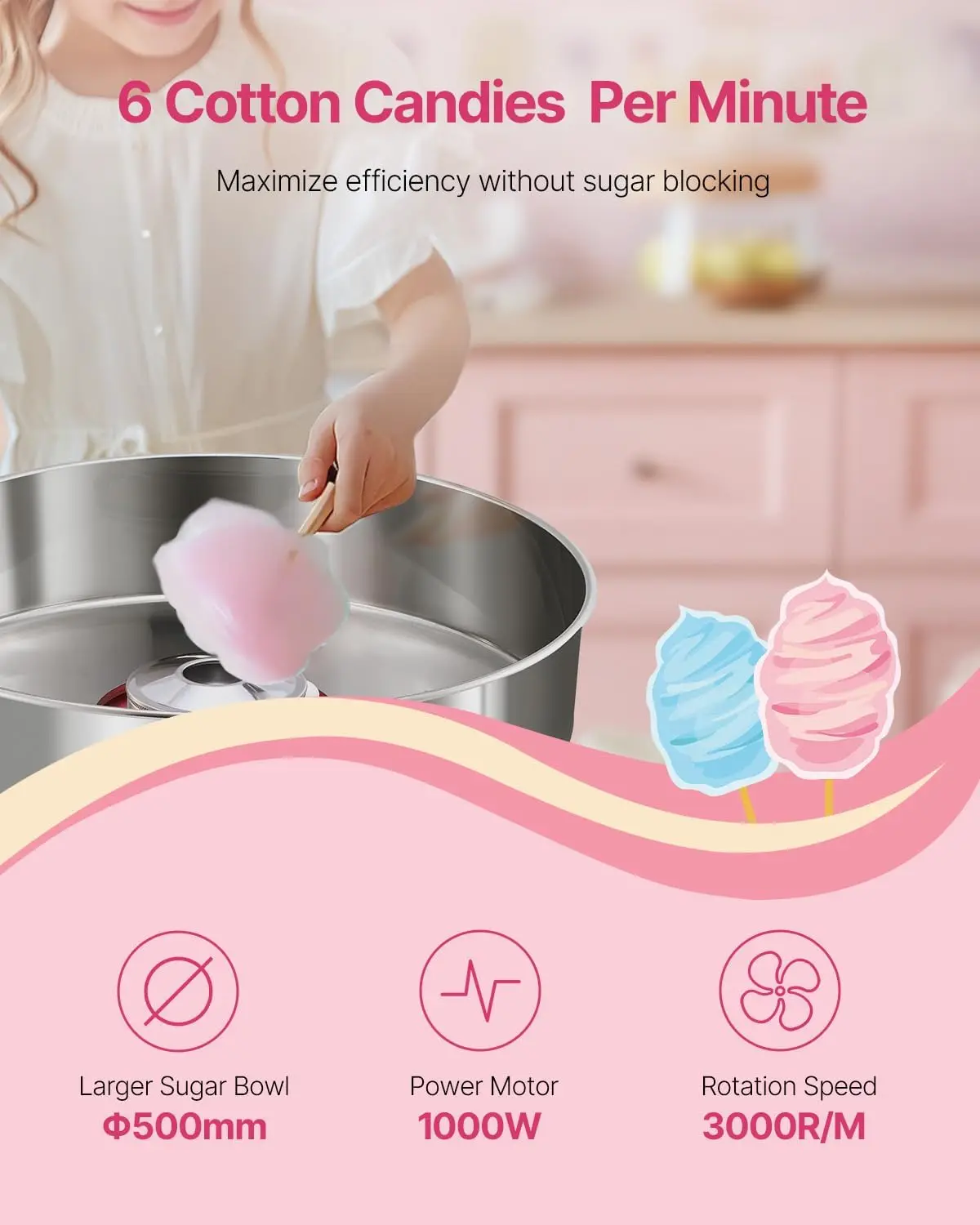 VEVOR Electric Cotton Candy Machine, 1000W Commercial Floss Maker w/Stainless Steel Bowl, Sugar Scoop and Drawer, Perfect for Ho