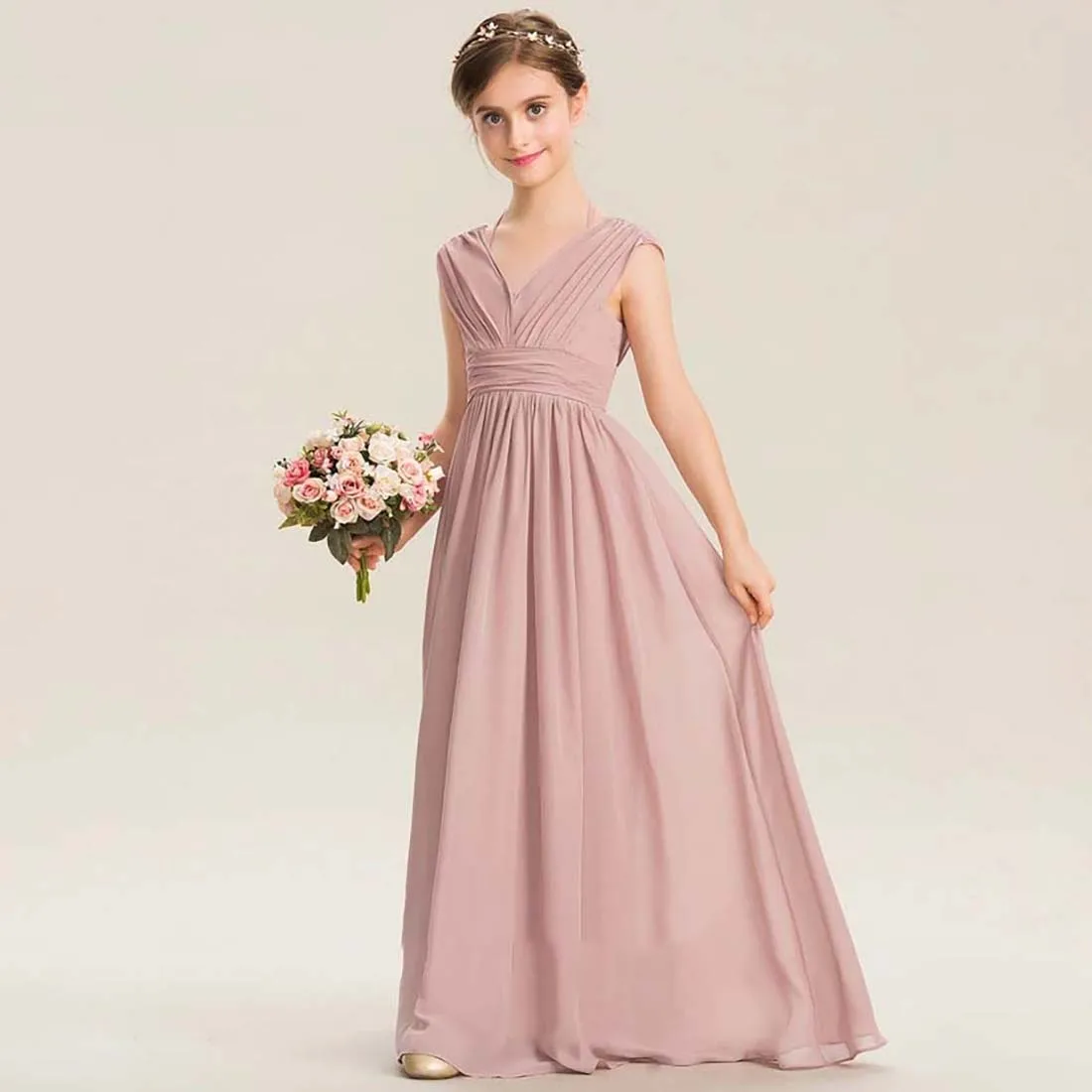 YZYmanualroom Chiffon Junior Bridesmaid Dress With Bow A-line V-Neck Floor-Length 2-15T