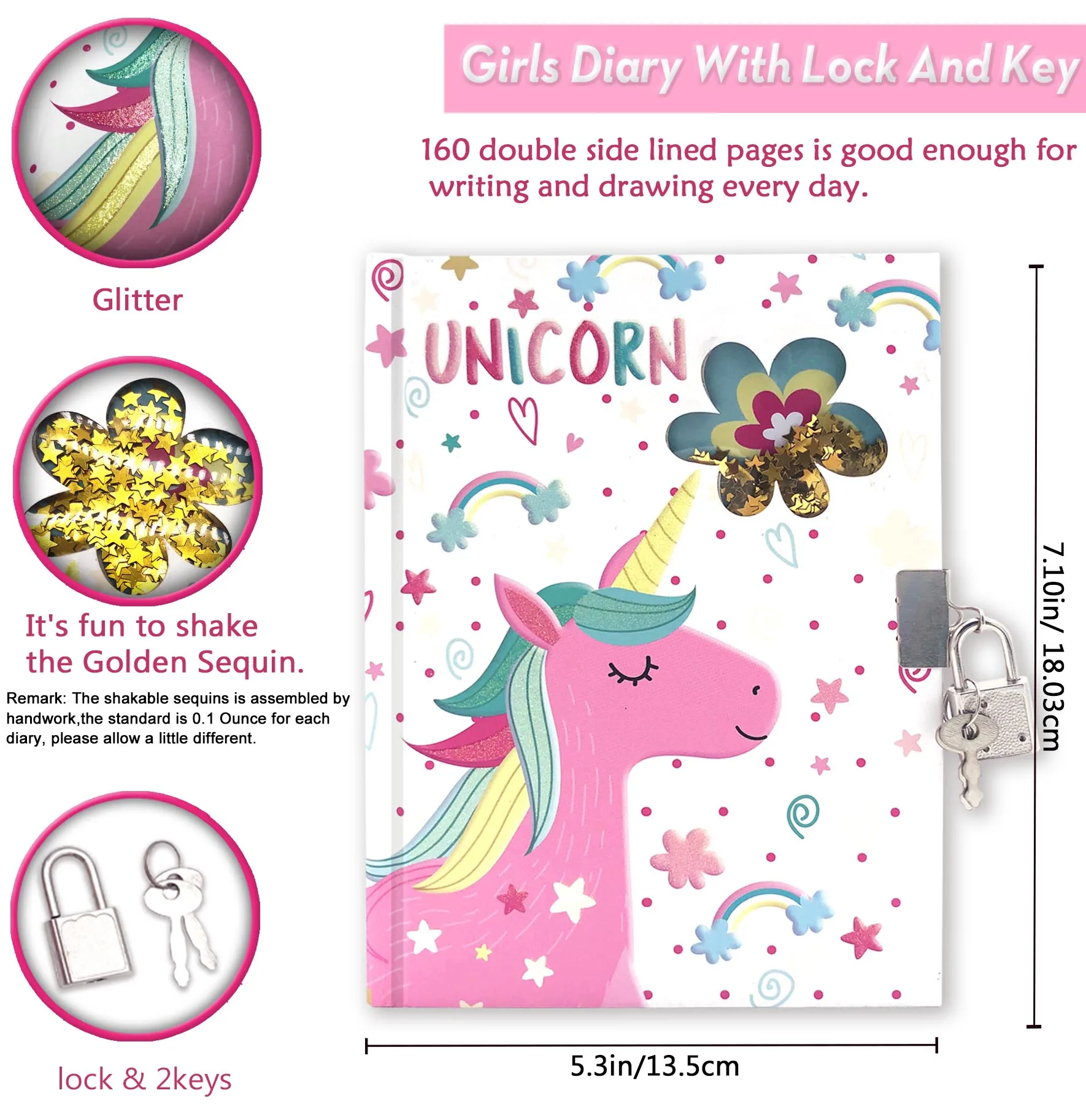 Diary with Lock and Keys, 160 Pages Journal Secret Cute Notebook for Little Kids