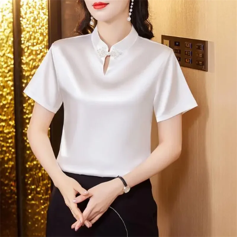 Satin Blouse Women Pullover Short Sleeve Blouses Silk Top Elegant Ladies Tops Chinese Plate Buckle Summer Female Clothing Shirt