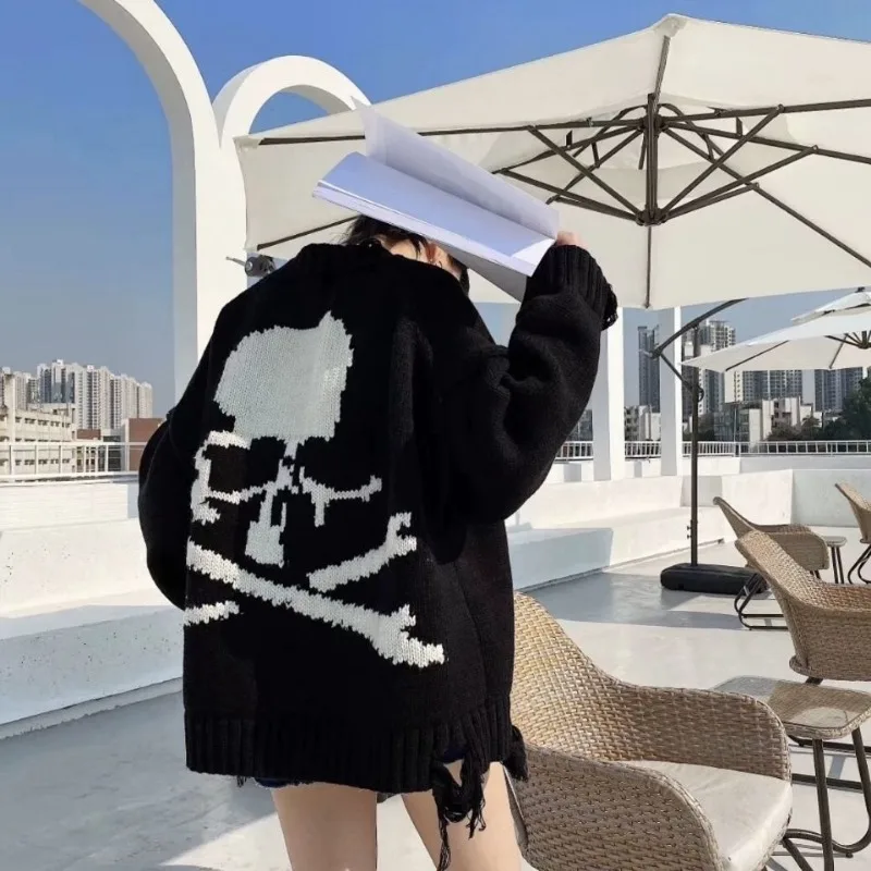 Deeptown Goth Punk Black Skull Sweater Women Harajuku Gothic Pullover Vintage Knitted Jumper Oversized Chic Knitwear Streetwear