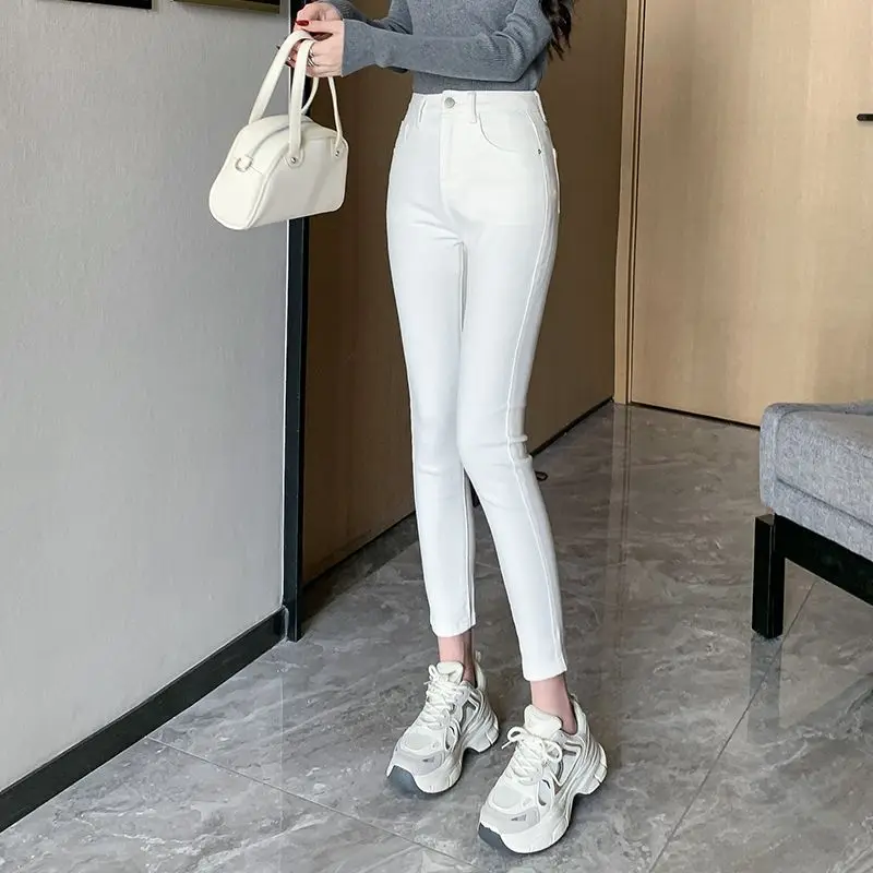 High Waist Slimming White Skinny Jeans For Women, Autumn Winter Stretch Tight Casual Pencil Pants, Cross-Border