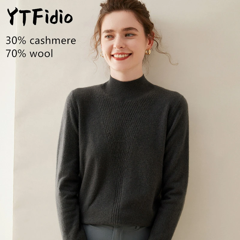 YTFidio Cashmere Merino Wool Sweater Women Long Sleeve Half high collar Mockneck Casual Jumpers Solid Knitwear Pullover Tops 105