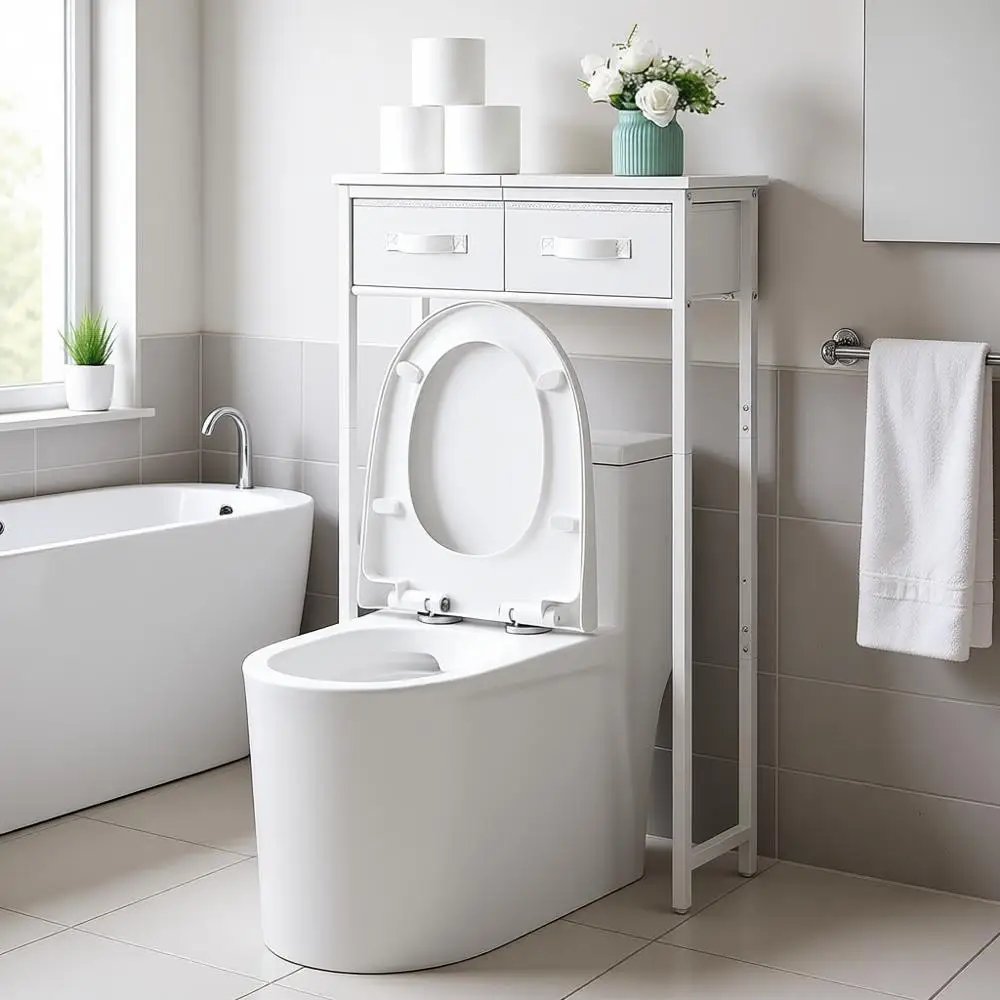 

2-Tier Over Toilet Storage with Fabric Drawers, Freestanding Above Toilet Cabinet, Space Saver Metal Organizer for Small Bathroo