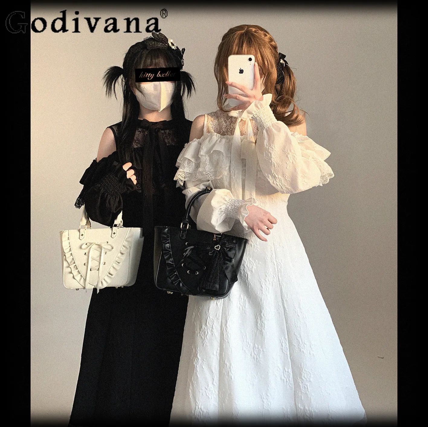 

Japanese Mine Lolita Dress for Women Spring Autumn Sweet Girls Elegant High Waist Slim Long Sleeve Off-Shoulder Dress Vestidos