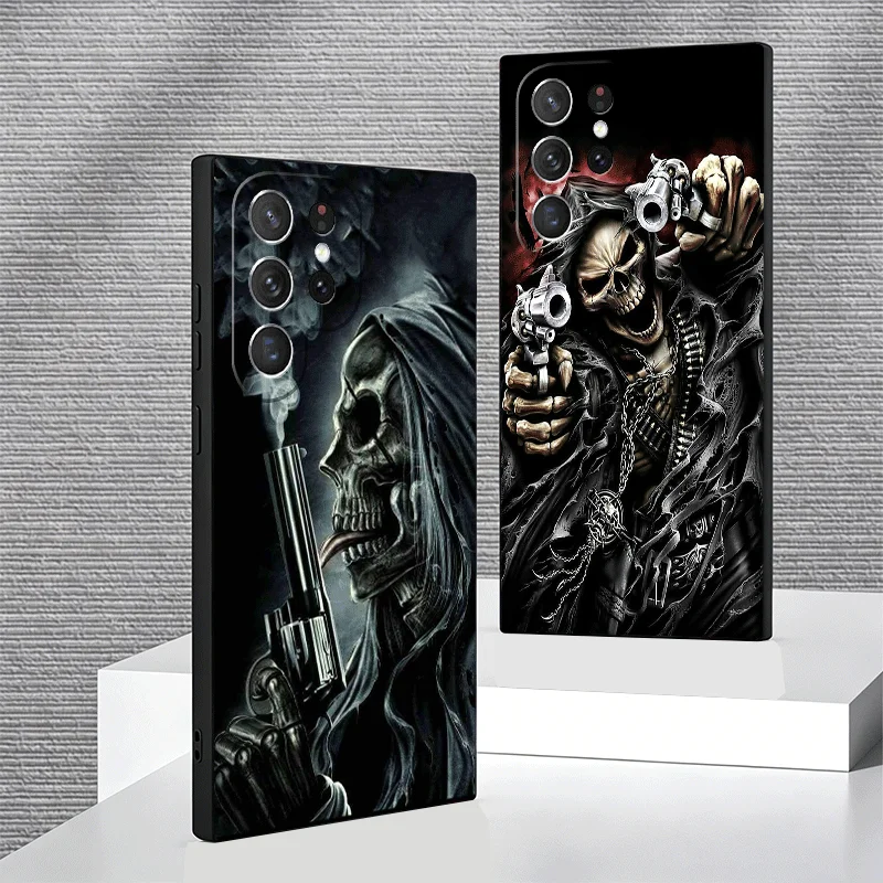 Soft Phone Case For Samsung Galaxy S24 S25 S26 Ultra Reaper Skull Skeleton Gun S23 S22 Plus S21 FE S20 + Edge Black Cover Shell
