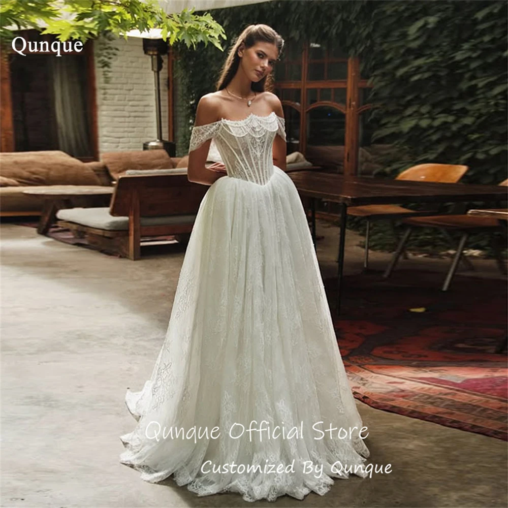 

Qunque A Line Off Shoulder Wedding Dress Luxury Pearls Vestido Noiva Princesa Brilhoso Pleated Vestido De Novia Boda Customized