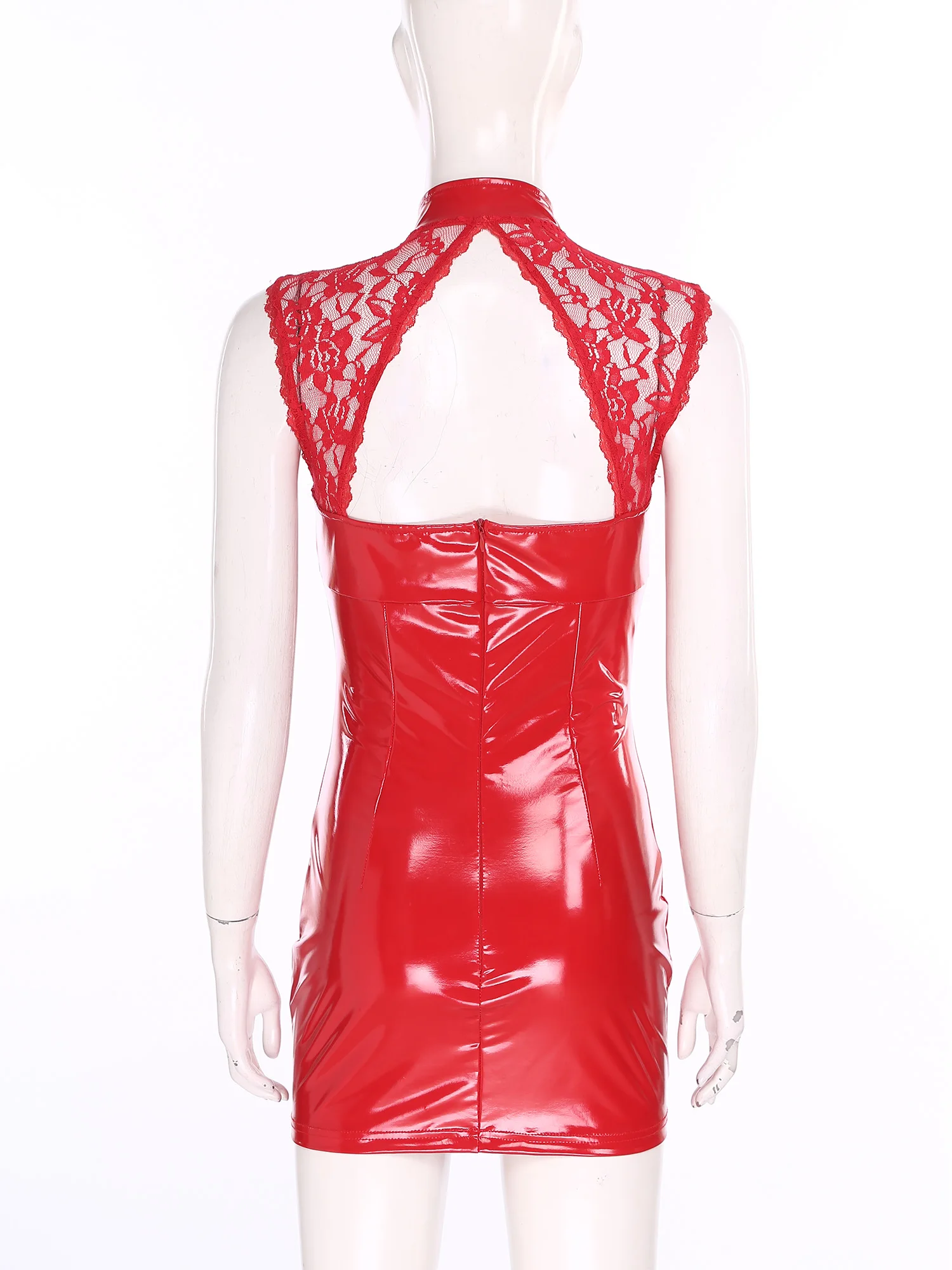 Women Sexy PU Leather Sheer Floral Lace Mini Dress Glossy Patchwork Sleeveless Cutout Bodycon Dress Clubwear Festival Rave Party