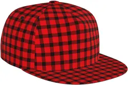 Red Black Buffalo Check Plaid Tartan Scottish Pattern Flat Bill Hat, Unisex Snapback Baseball Cap Hip Hop Style Flat Viso