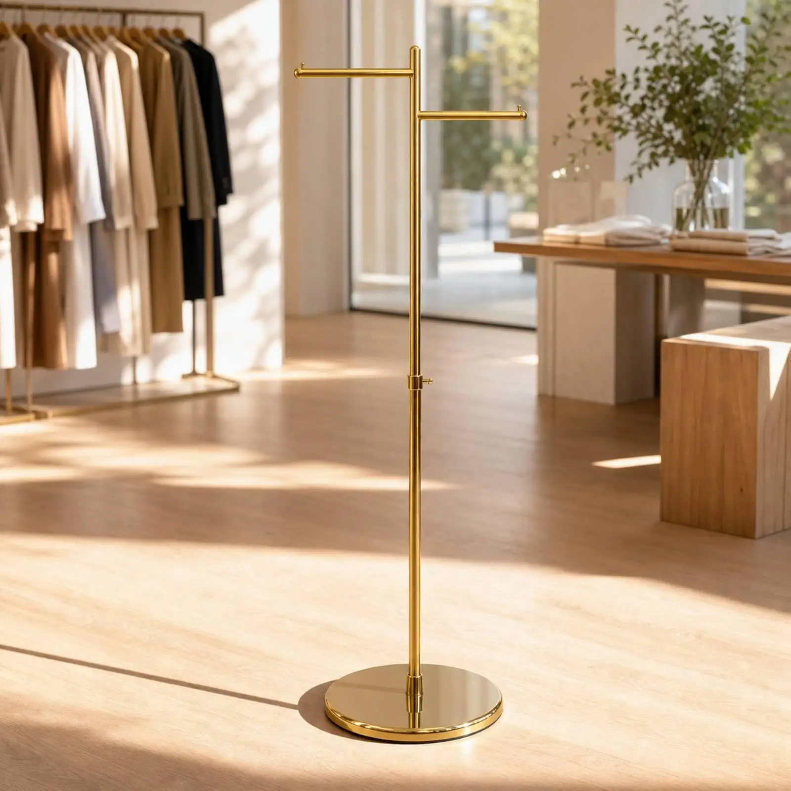 Garment Rack with Hooks Stainless Steel Floor Standing Clothes Rack Clothes Display Stand Height Adjustable Weighted Base