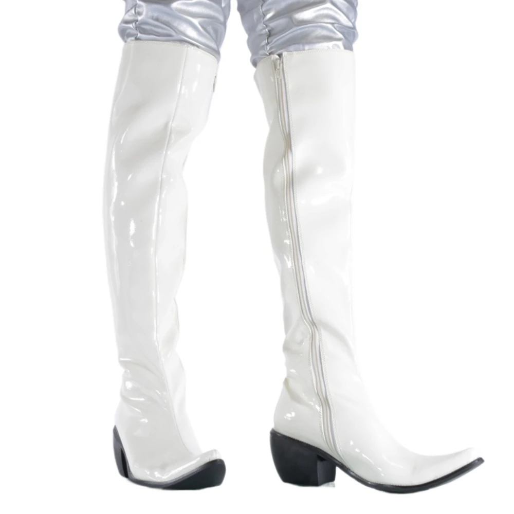 Men's Patent Leather High Heels Riding Boots Zip Stage Perform Club Over-the-Knee Western Platform Pointed Toe Long Boots White