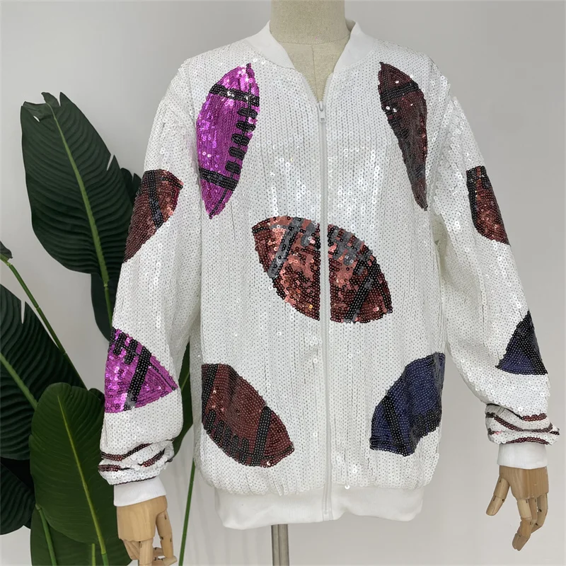 Spring And Autumn New Geometric Round Neck Streetwear Hip Hop Coat Long Sleeve Sequins Zipper Fashion Loose Women Jacket