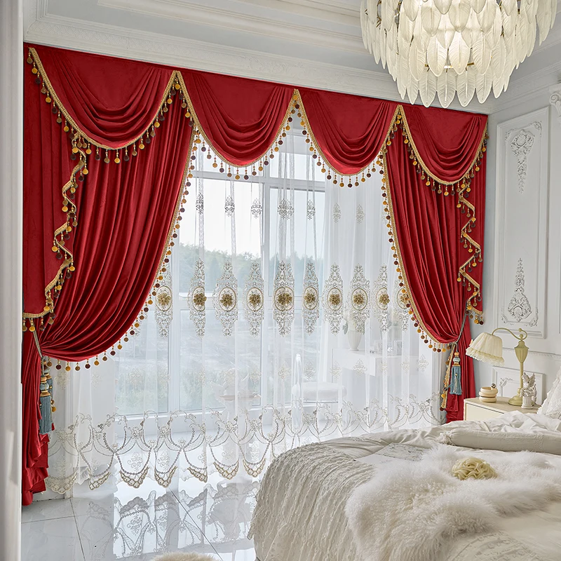 

Custom curtain royal American high class thick luxury velvet red cloth blackout curtain tulle valance drape C1458
