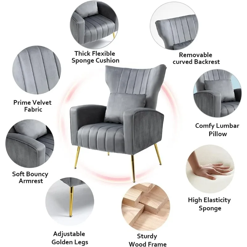 Fauteuils d'appoint en velours avec dossier à oreilles et oreiller lombaire, chaises latérales de réception, finition dorée, gris, salon et chambre à coucher