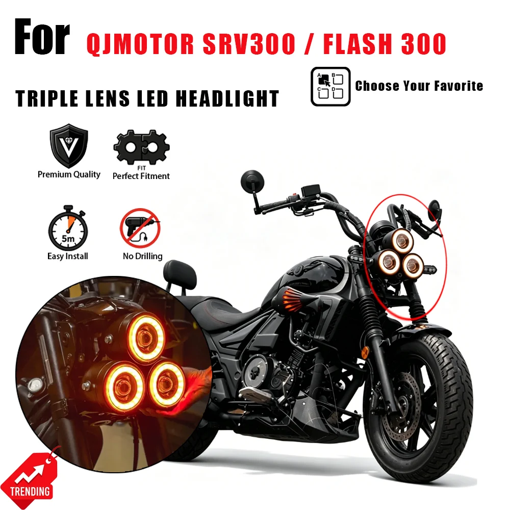 For QJMOTOR SRV300 SRV 300 Flash 300 Motorcycle LED Headlight Triple Lens Projector Faro Moto Accesorios Moto Parts