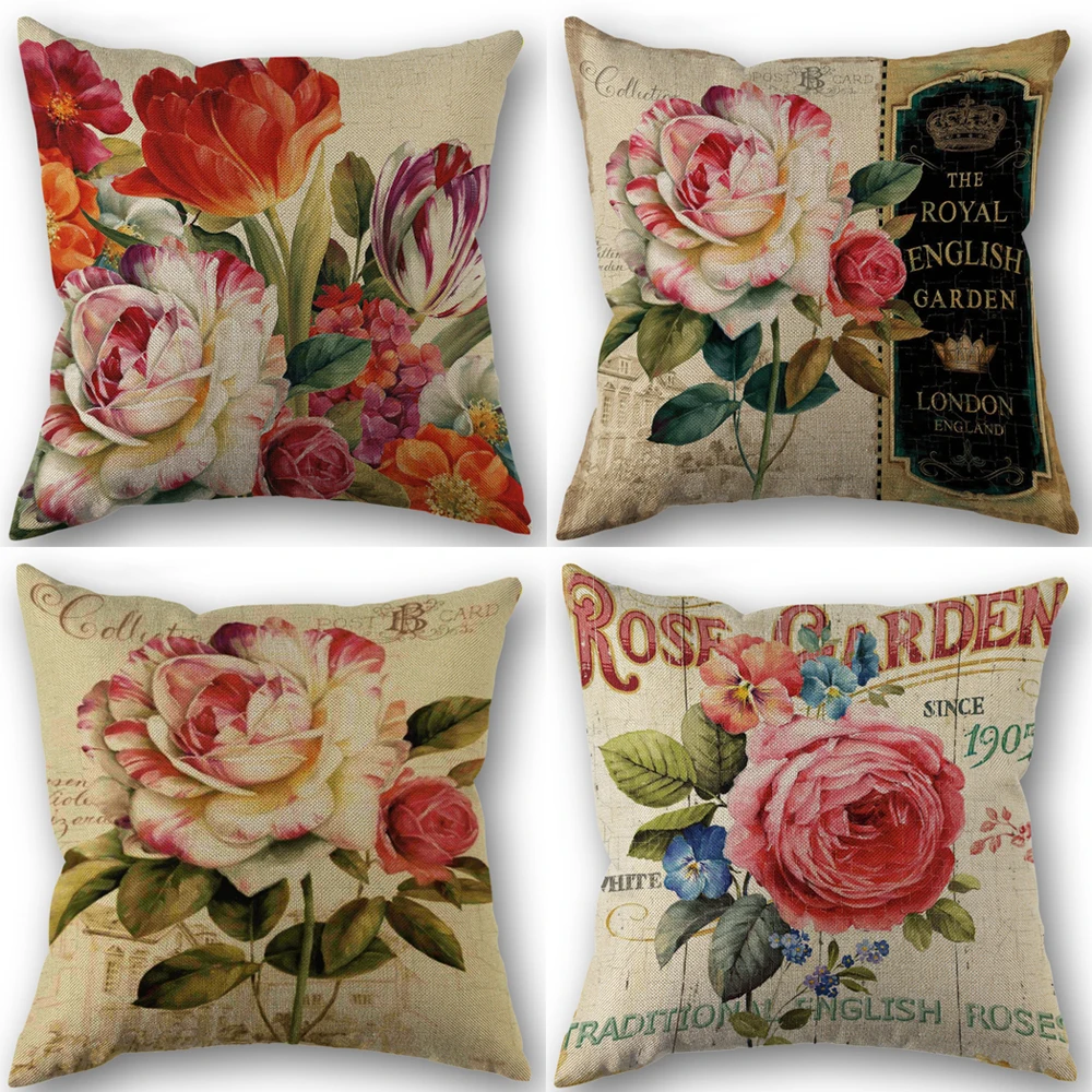 Vintage Flower Pillowcase Wedding Decorative Cotton Linen Pillow Case For Home PillowCover 45X45(One Sides)