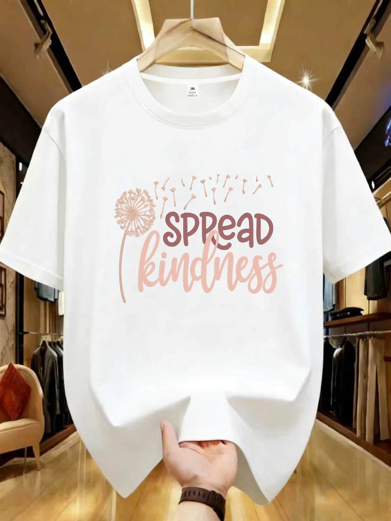 

【WDS01354】Женская футболка больших размеров с круглым вырезом и принтом одуванчиков и букв, летняя повседневная, с короткими рукавами, в уличном стиле, универсальная